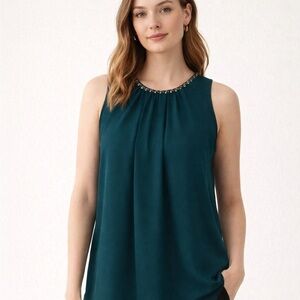 Violet + Claire Green Beaded Neckline Blouse Womens S Crepe Career Modest Fairy